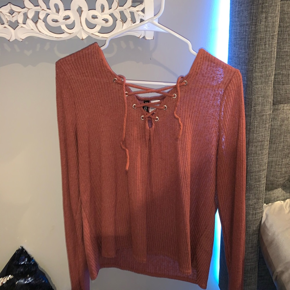 Salmon pink cross tie blouse